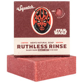 Dr. Squatch Ruthless Rinse limited edition men's bar soap in red paperboard packaging with crimson black-sand bar displayed at base