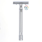 Merkur 23C classic long handle safety razor in chrome finish showing full-length front view with extra-long knurled brass handle, closed comb head, and Made in Germany badge highlighting Solingen craftsmanship