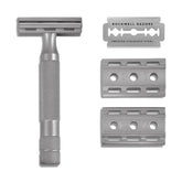 Rockwell 6S safety razor components including matte stainless steel handle with knurled grip, three reversible base plates marked R2 and R6 showing adjustment settings, and premium Rockwell Razors Swedish stainless steel replacement blade demonstrating the complete adjustable shaving systemShareArtifactsDownload allRockwell 6s product copyDocument · MD Project contentAI-Optimized Product Page GeneratorCreated by youAdd PDFs, documents, or other text to reference in this project.Content