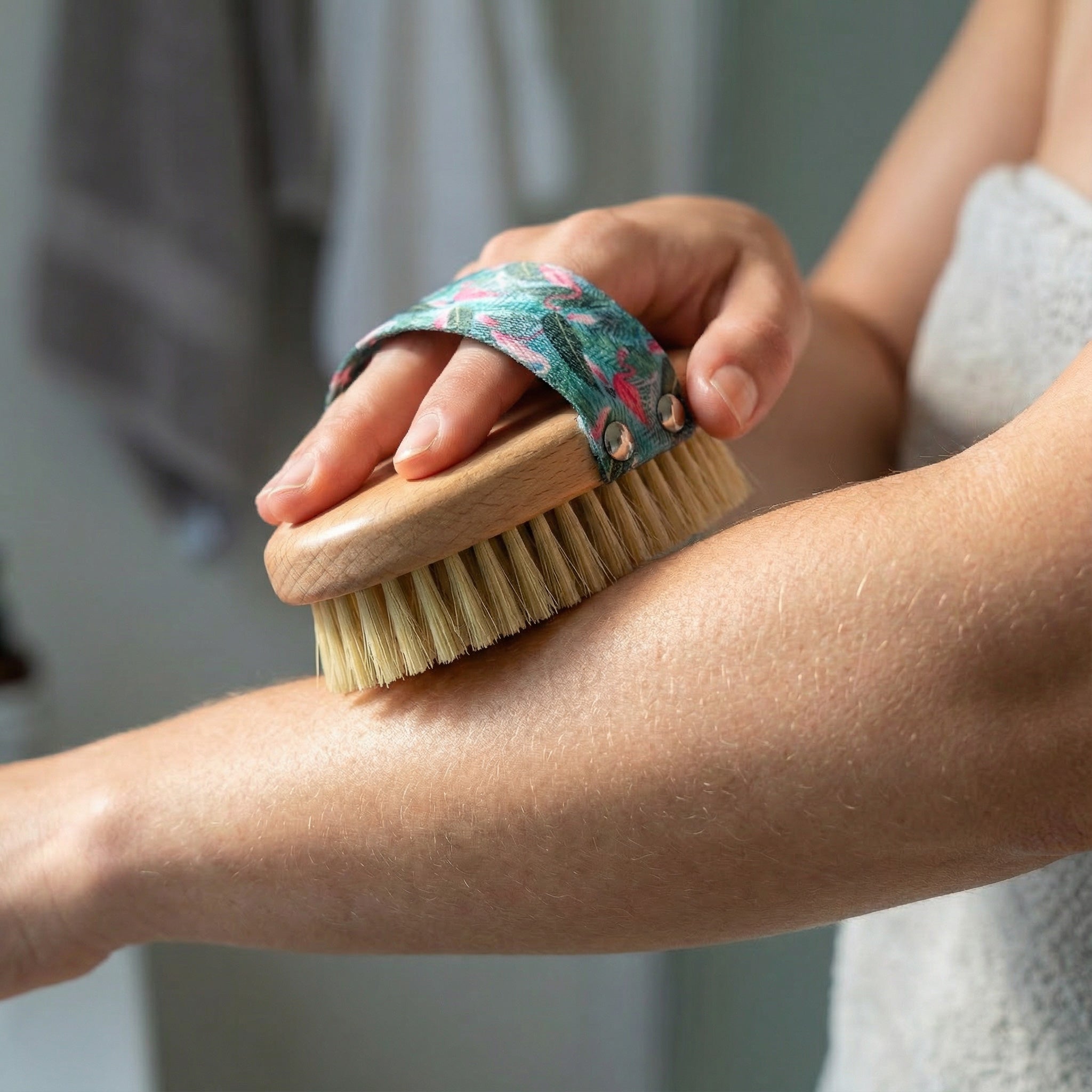 Person's hand holding ekō + co. dry brush against forearm demonstrating proper dry brushing technique on skin with gentle stroking motion