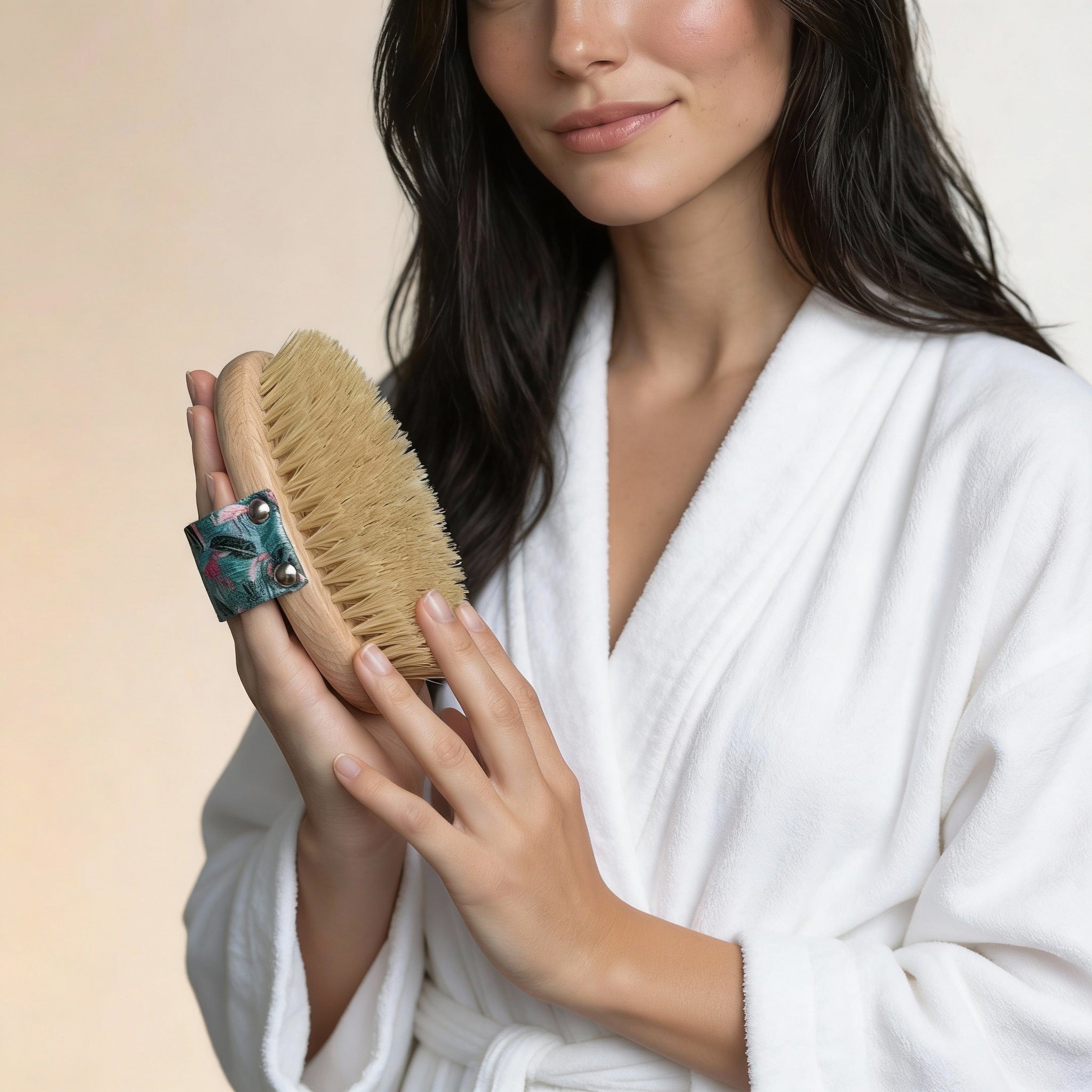 Woman in a white robe holding a brush with a blurred background