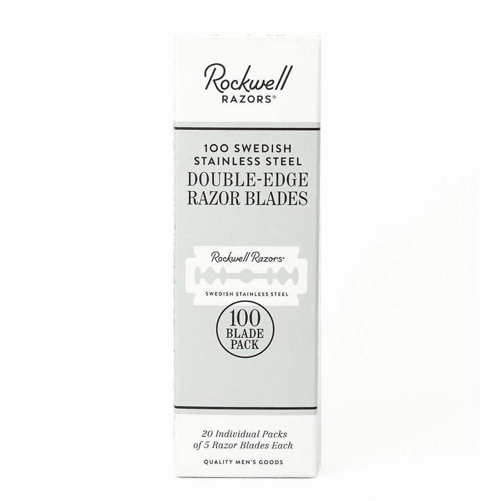 Rockwell Razors 100-blade pack in white and silver packaging showing Swedish stainless steel double-edge razor blades with modern minimalist design.