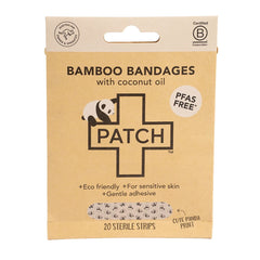 PATCH Kids Coconut Panda bamboo bandages box with panda illustration, sustainable packaging, total 20 sterile strips.