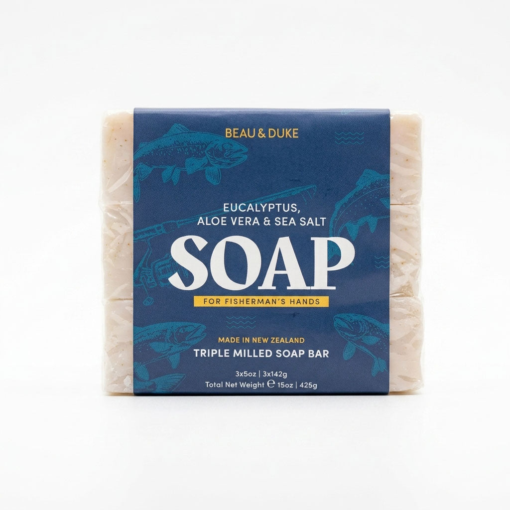 Beau & Duke Eucalyptus Aloe Vera and Sea Salt triple-milled soap bar 3-pack in blue paper wrap with fishing illustrations, total net weight 425g