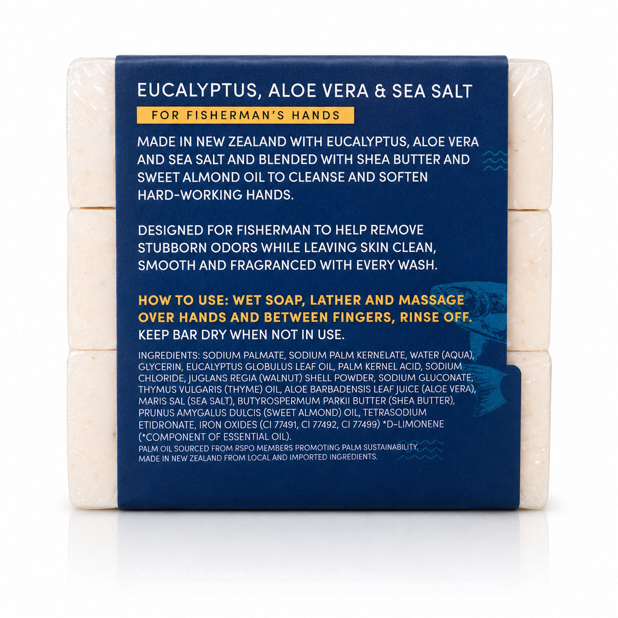 Back label of Beau & Duke Fisherman's Hands soap bar showing full ingredient list, usage directions, and RSPO palm oil sourcing statement