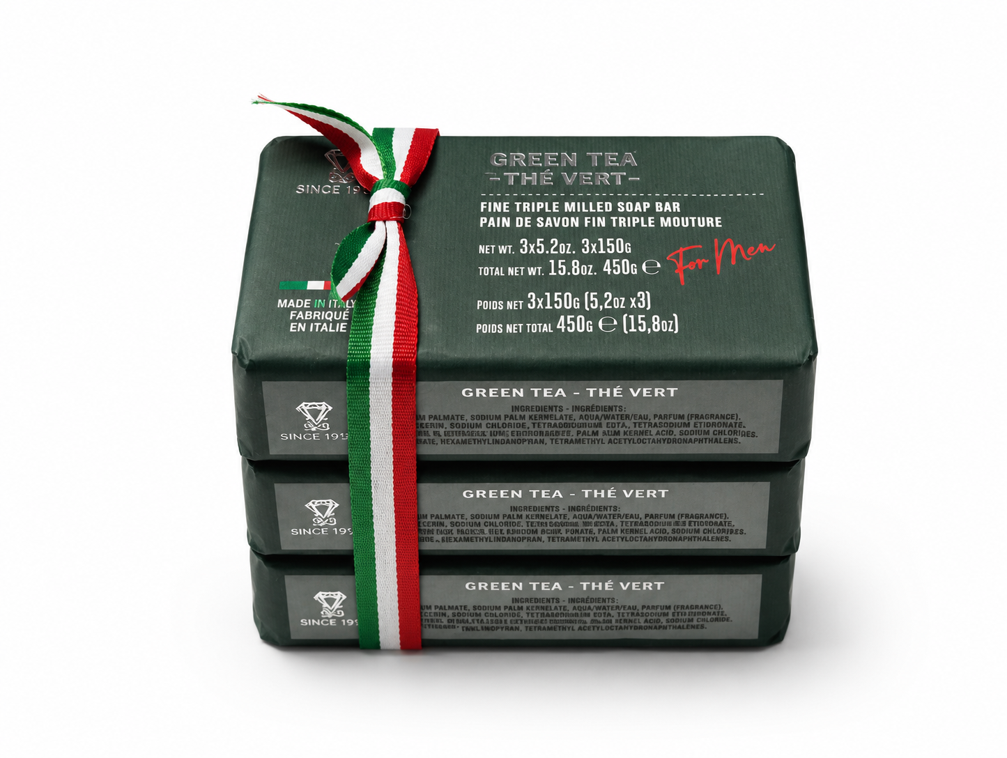 Front view of Saponificio Zeni Green Tea soap set for men showing 3 x 150g paper-wrapped bars, Made in Italy label, and woven tricolour ribbon tie