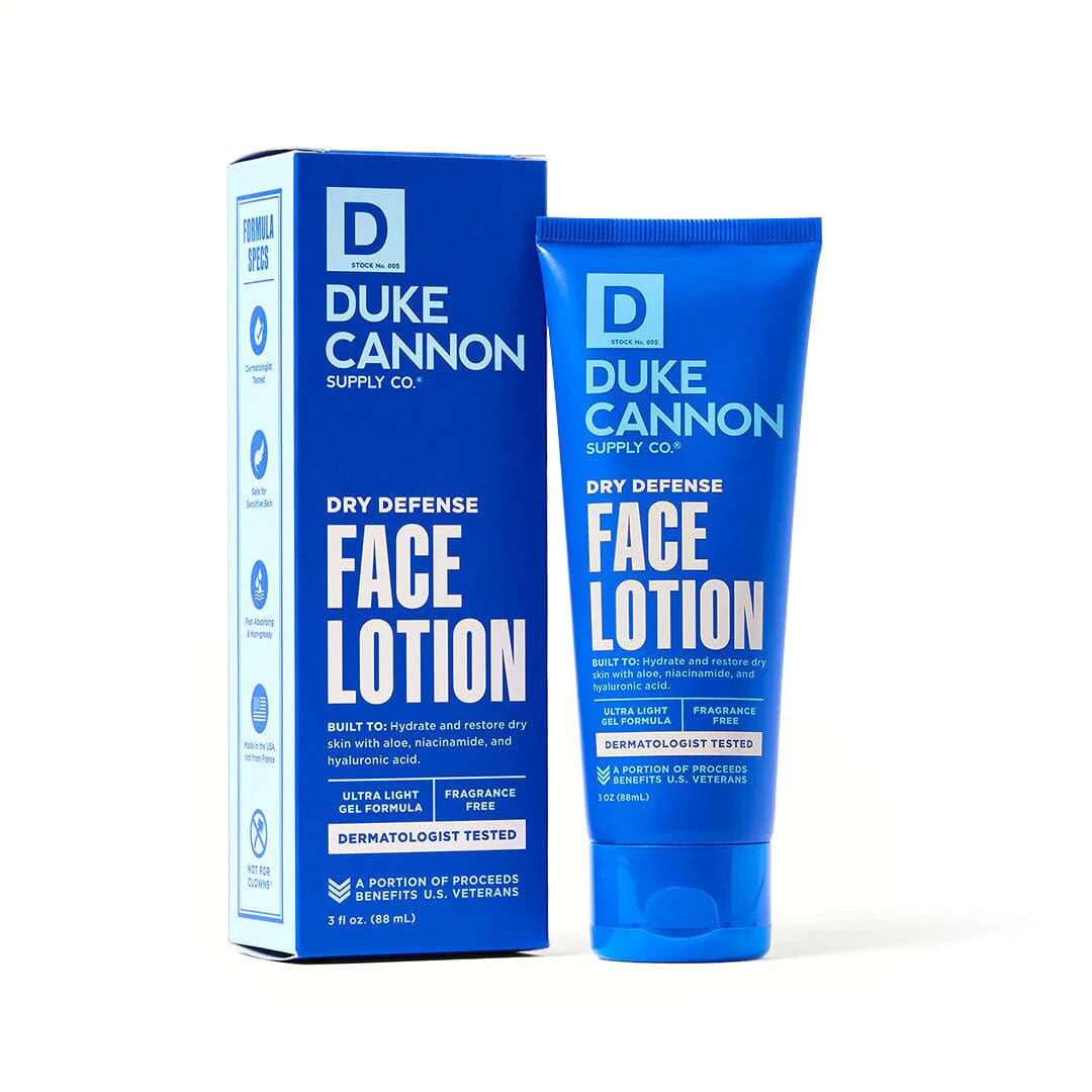 Duke Cannon Dry Defense Face Lotion and packaging on a white background