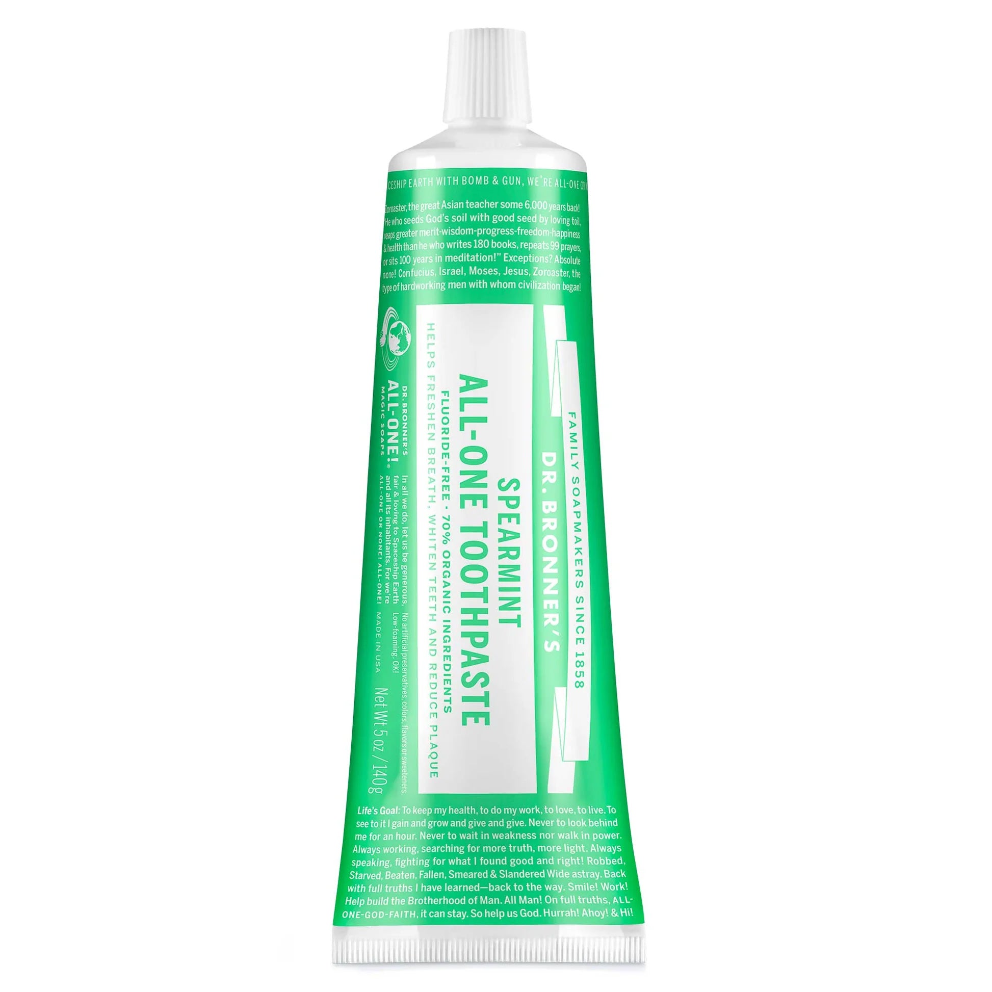 Dr. Bronner's Spearmint Green and white toothpaste tube on a white background