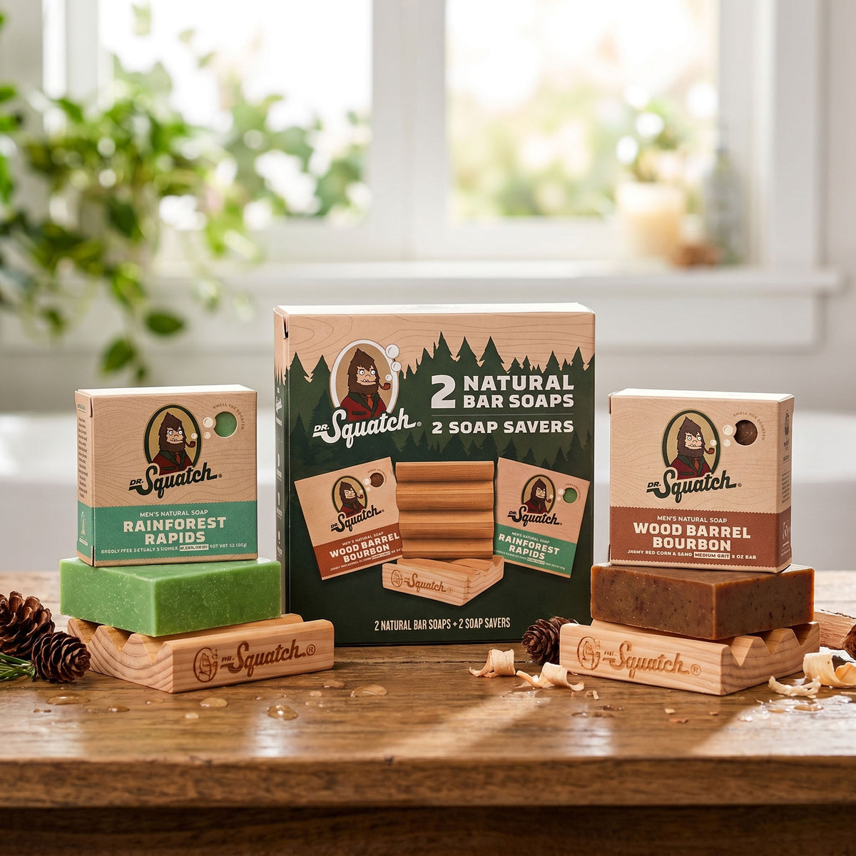 Dr. Squatch Wood Barrel Bourbon and Rainforest Rapids bar soaps displayed on cedarwood soap savers beside their cardboard boxes and kit packaging.