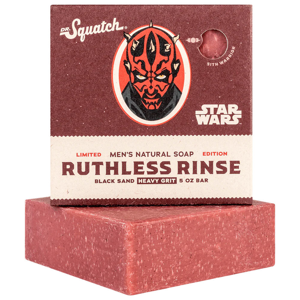 Dr. Squatch Ruthless Rinse limited edition men's bar soap in red paperboard packaging with crimson black-sand bar displayed at base
