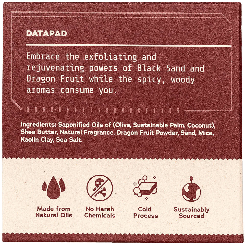 Back of Dr. Squatch Ruthless Rinse soap box showing ingredient list, dragon fruit and black sand scent description, and natural-oils, no-harsh-chemicals, cold-process, and sustainably-sourced icons