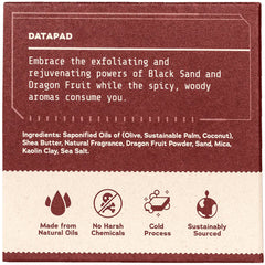 Back of Dr. Squatch Ruthless Rinse soap box showing ingredient list, dragon fruit and black sand scent description, and natural-oils, no-harsh-chemicals, cold-process, and sustainably-sourced icons