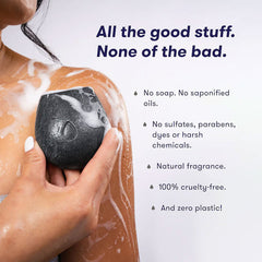 Person using a HiBAR Clarify natural soap bar on their shoulder with product benefits listed.