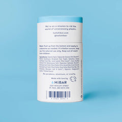 The back of the HiBAR Natural Deodorant tube, displaying the full ingredients list, usage instructions, and the "no parabens, aluminum, or cruelty" guarantee.
