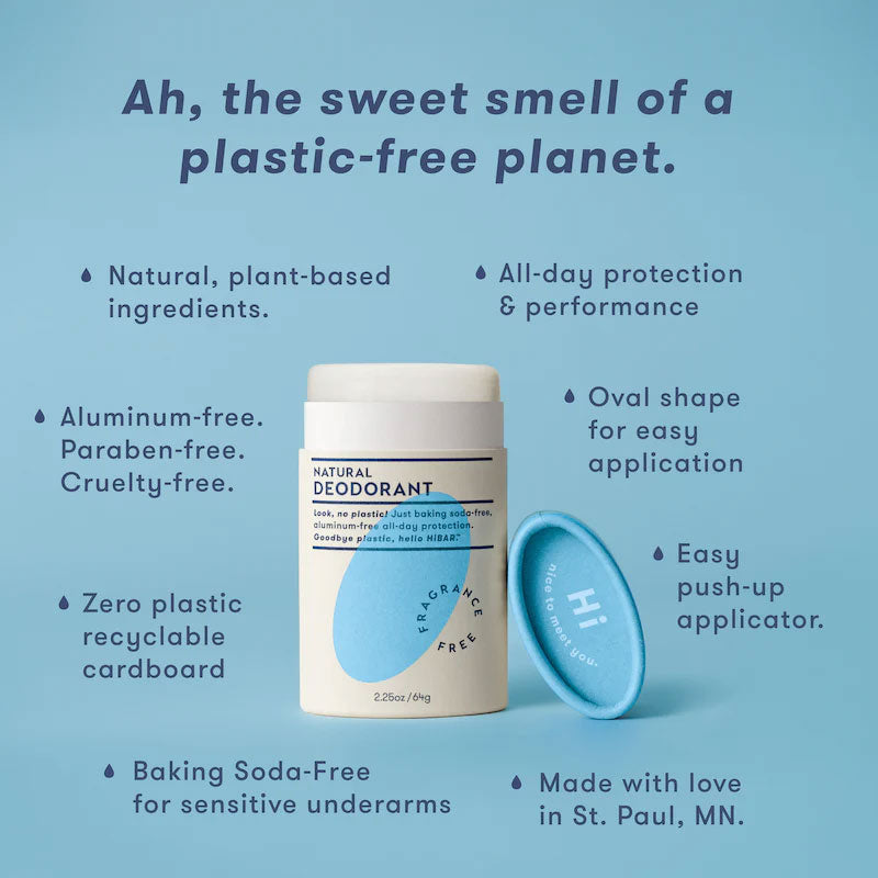 Natural deodorant container with text highlighting its features on a blue background