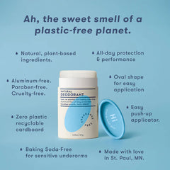 Natural deodorant container with text highlighting its features on a blue background