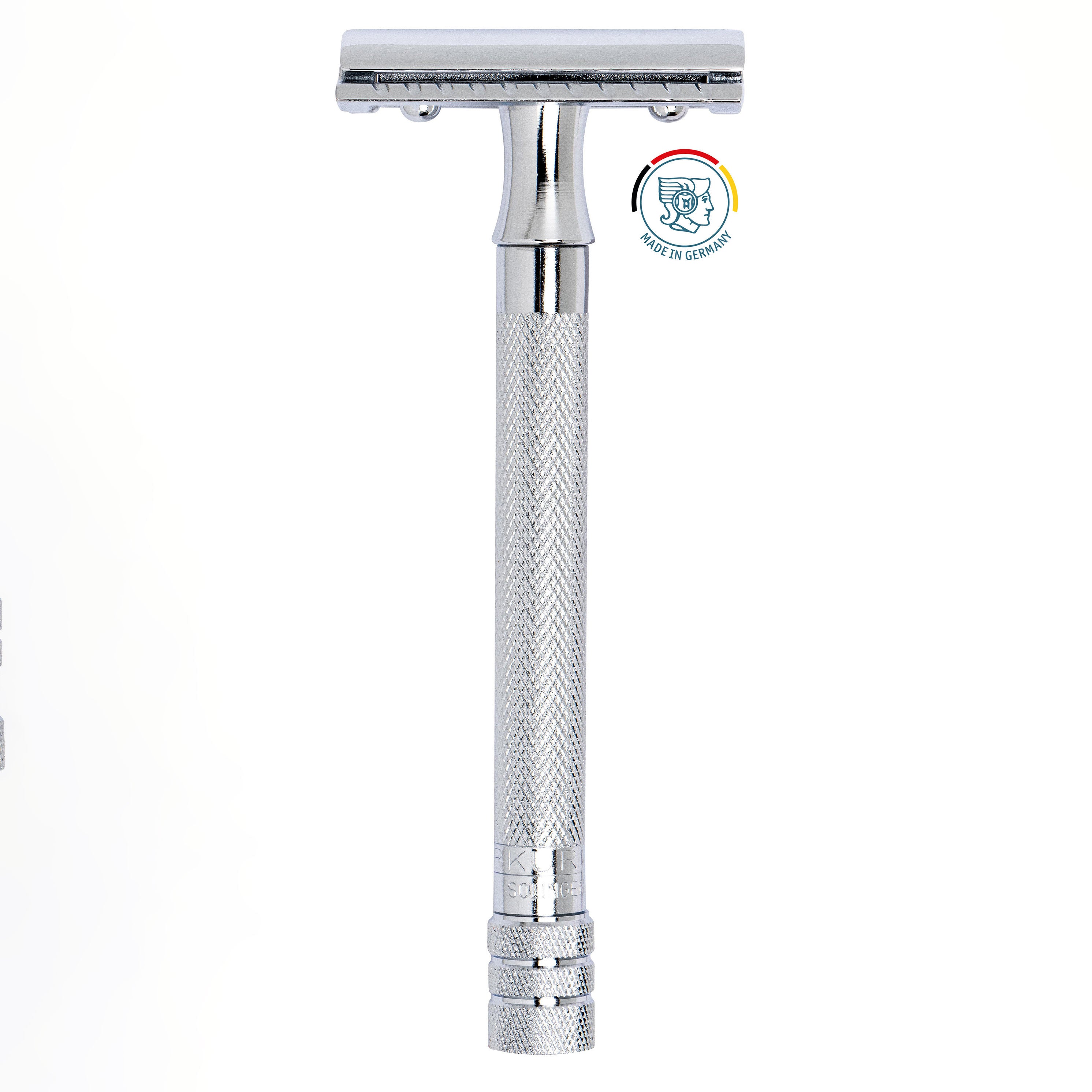 Merkur 23C classic long handle safety razor in chrome finish showing full-length front view with extra-long knurled brass handle, closed comb head, and Made in Germany badge highlighting Solingen craftsmanship
