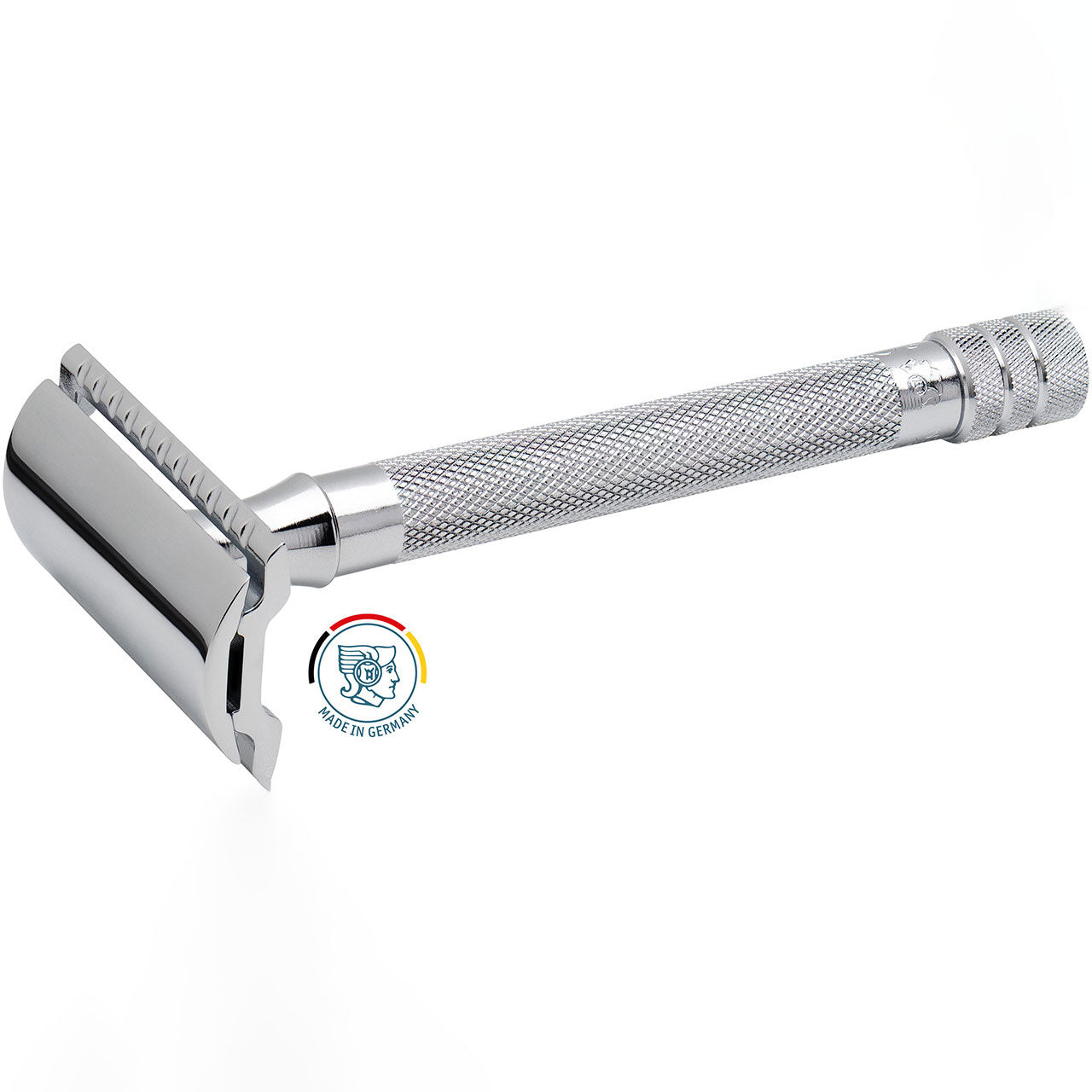 Merkur 23C safety razor side angle view displaying the extended handle length, chrome-plated finish, knurled grip texture, three-piece assembly design, and straight safety bar closed comb head with Made in Germany seal