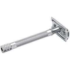 Merkur 23C three-piece safety razor disassembled view showing the chrome top cap, base plate with centre post, and long brass handle with knurled grip pattern demonstrating the simple short-screw assembly system