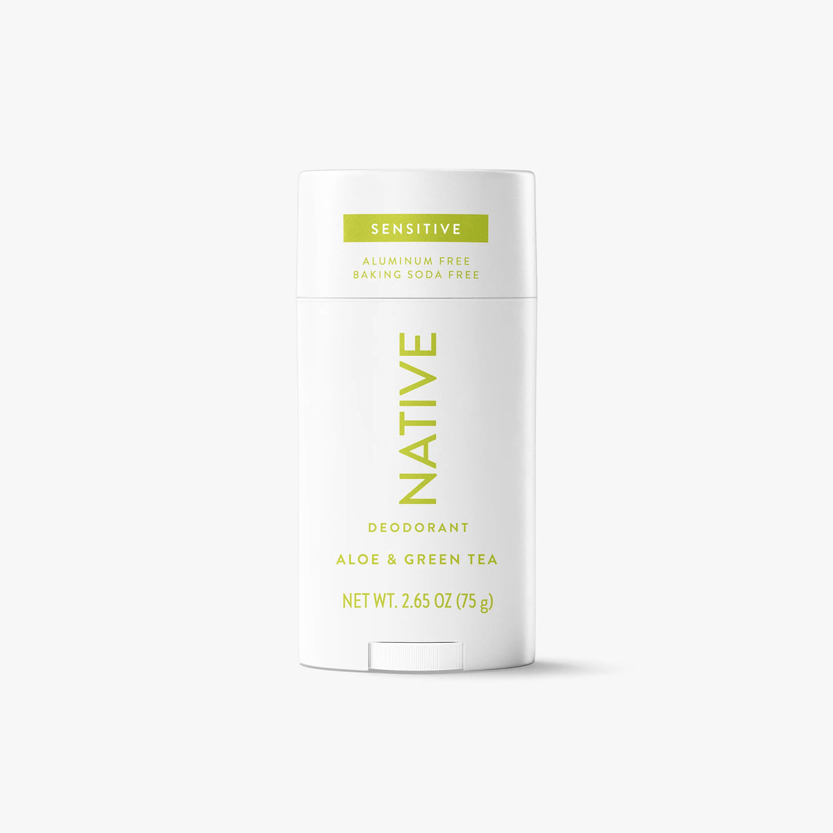 Native Sensitive Aloe & Green Tea deodorant stick in white 2.65 oz tube with green label, front view
