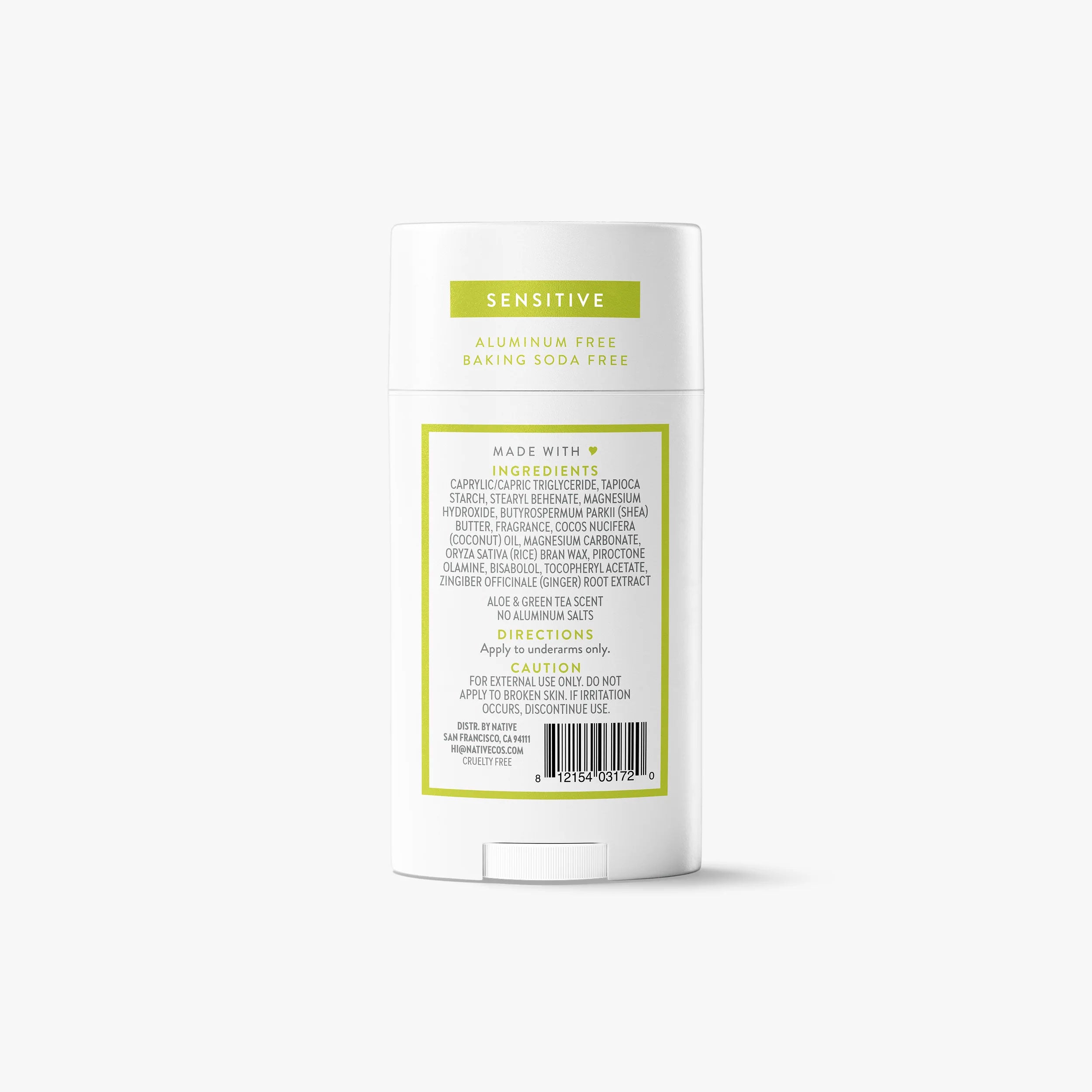 Back label of Native Sensitive deodorant showing full ingredients list, directions, and aluminum-free designation
