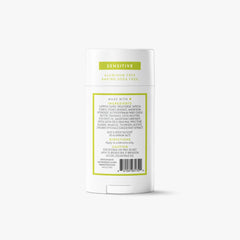 Back label of Native Sensitive deodorant showing full ingredients list, directions, and aluminum-free designation