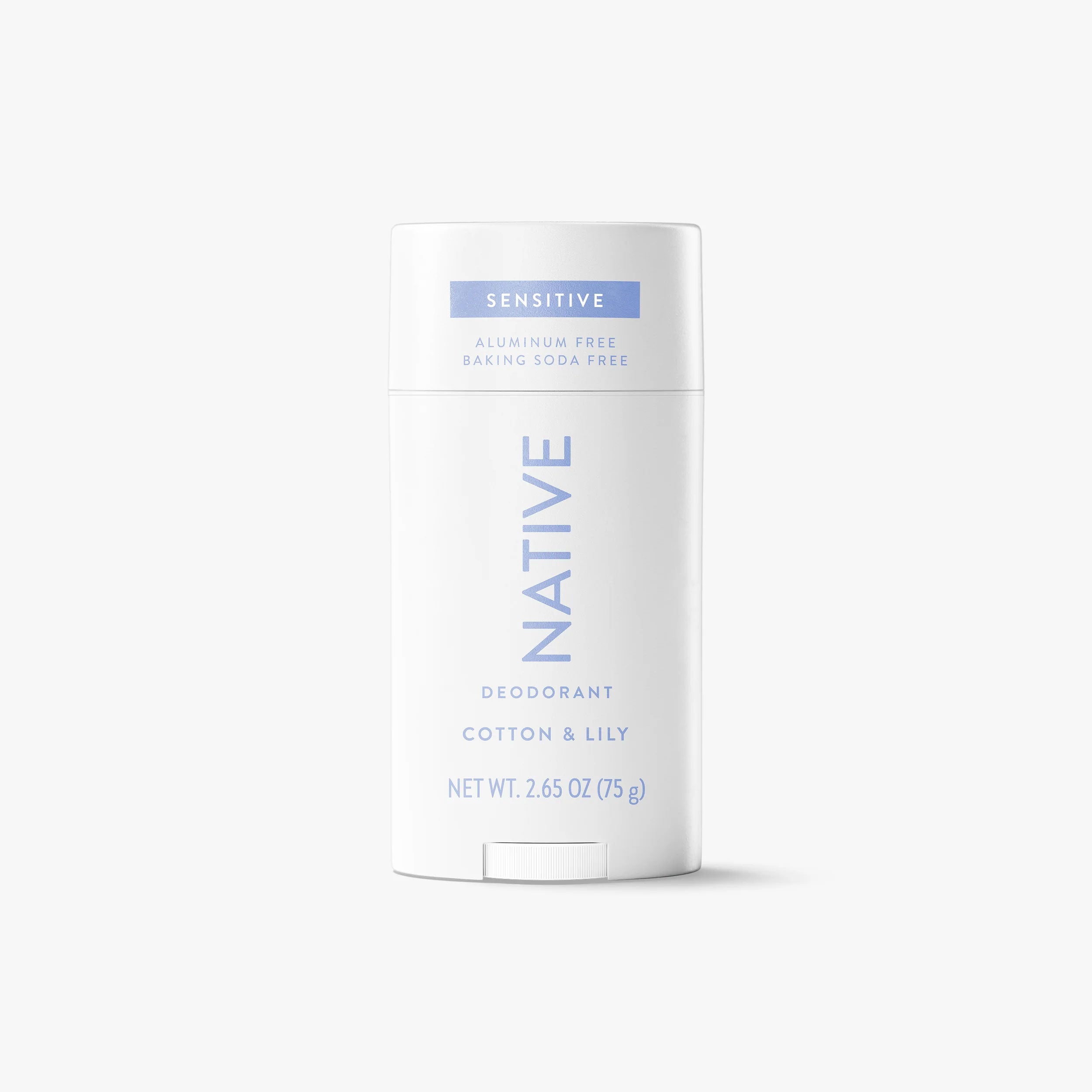 Native Sensitive Cotton & Lily deodorant stick in white 2.65 oz tube with blue label, front view