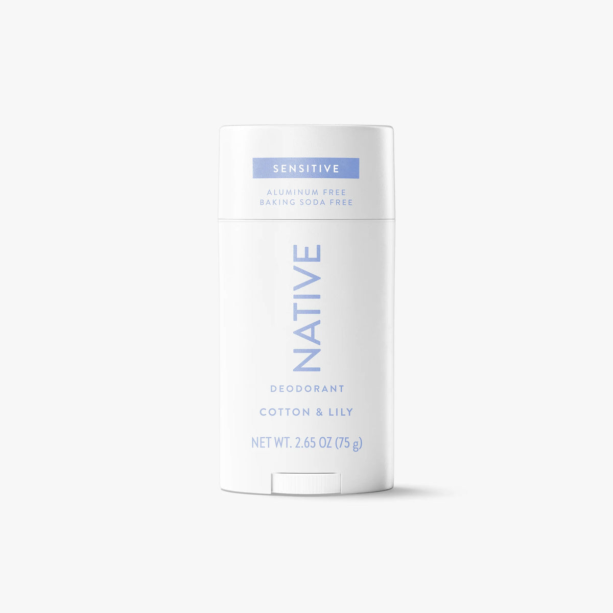 Native Sensitive Cotton & Lily deodorant stick in white 2.65 oz tube with blue label, front view
