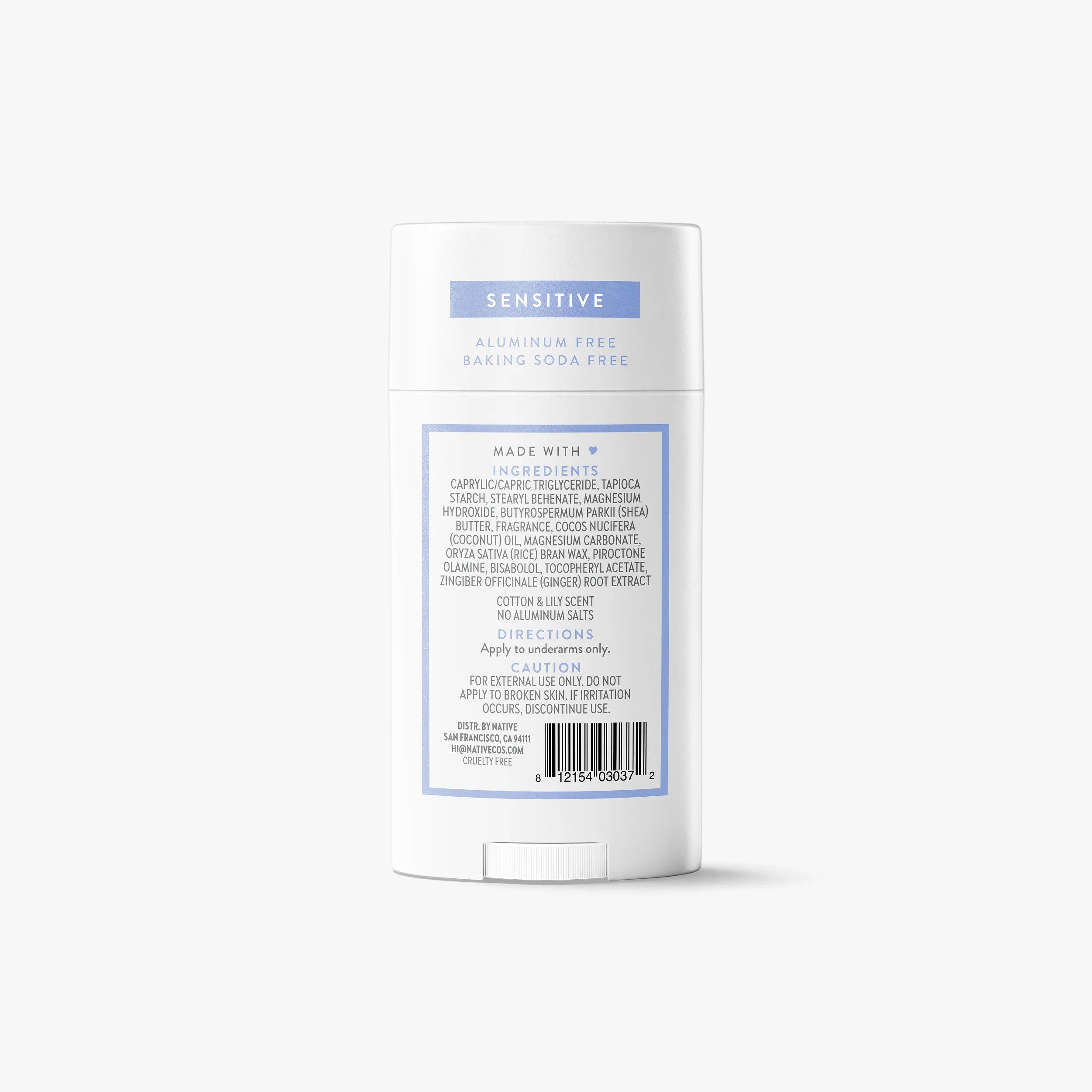 Back label of Native Sensitive Cotton & Lily deodorant showing full ingredients list, directions, and aluminum-free designation