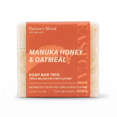 Nature's Blend Manuka Honey and Oatmeal soap bar trio in orange East Cape paper sleeve, three 142g triple-milled bars stacked