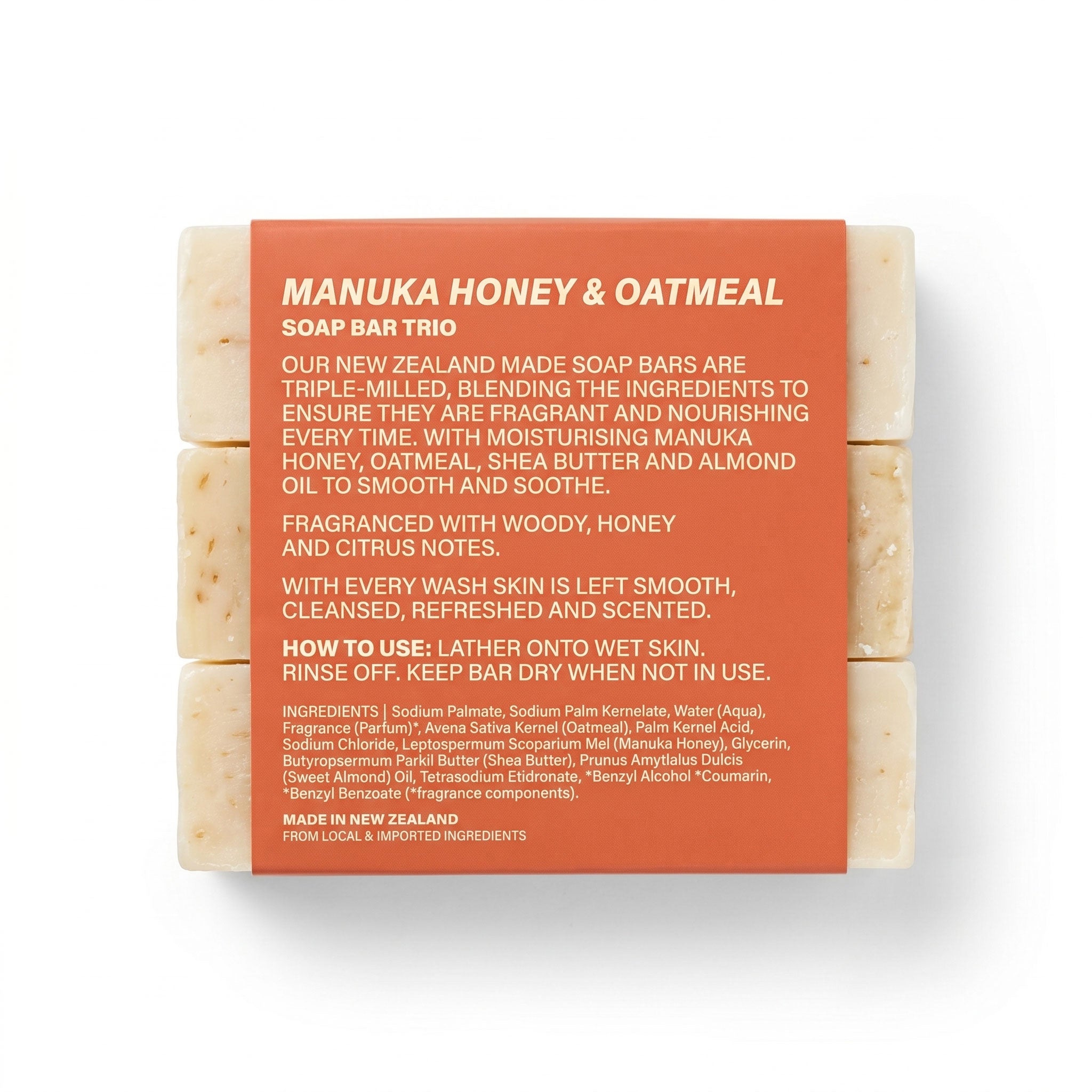 Nature's Blend Manuka Honey and Oatmeal soap bar trio back label showing ingredients, directions, and woody honey citrus scent description
