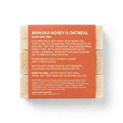 Nature's Blend Manuka Honey and Oatmeal soap bar trio back label showing ingredients, directions, and woody honey citrus scent description