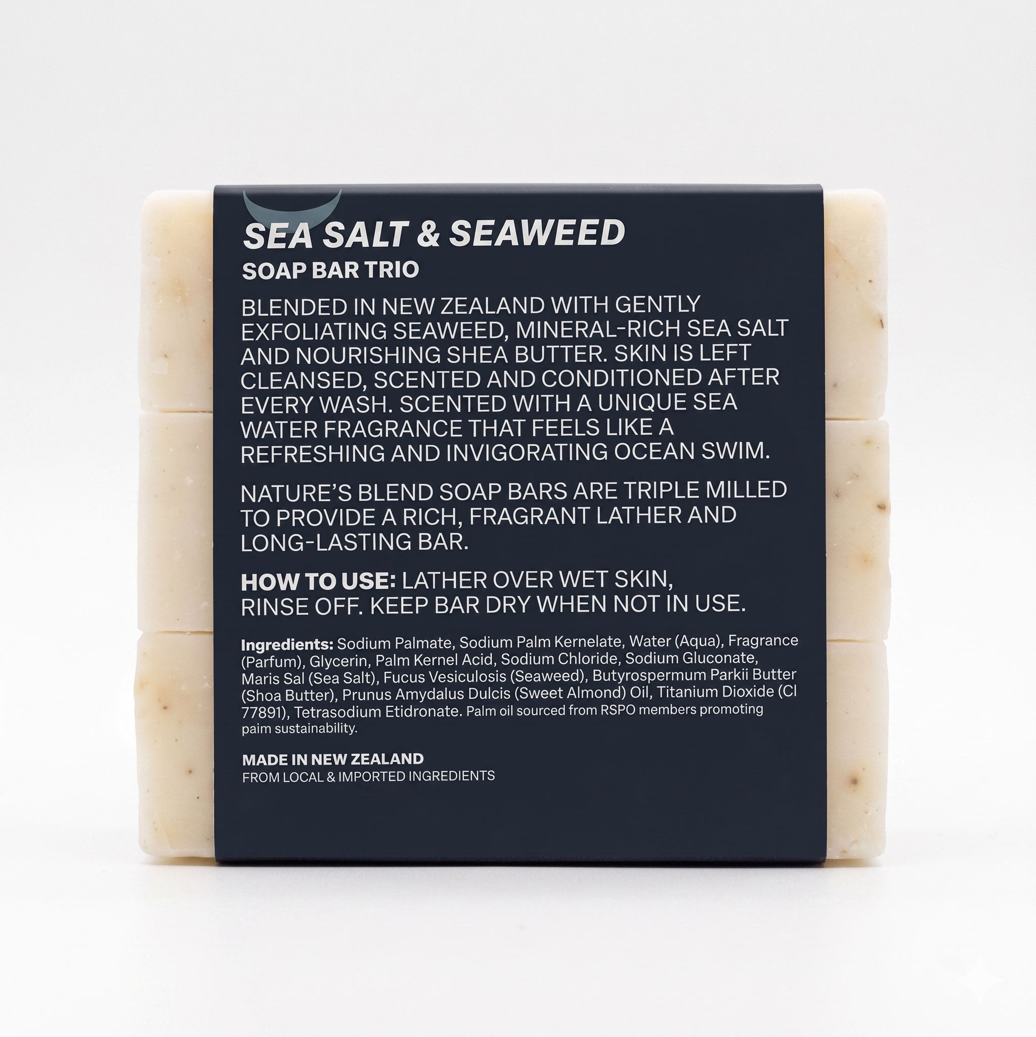 Nature's Blend Sea Salt and Seaweed soap bar trio back label showing ingredients, directions, and triple-milled description