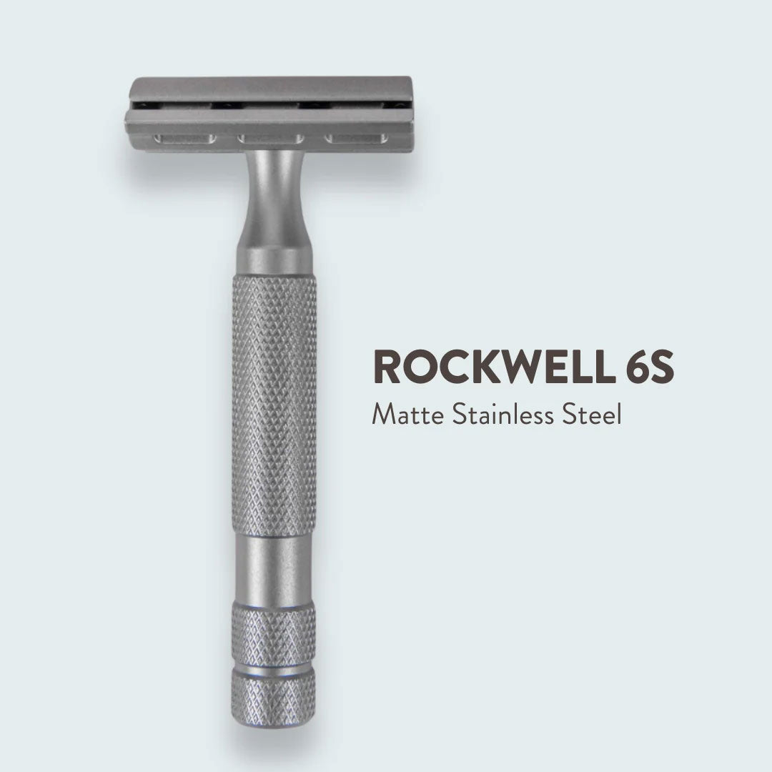 Rockwell 6S matte stainless steel razor on a white background