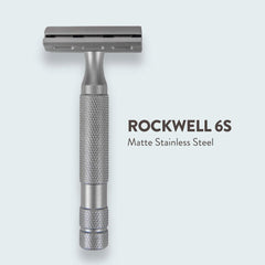 Rockwell 6S matte stainless steel razor on a white background