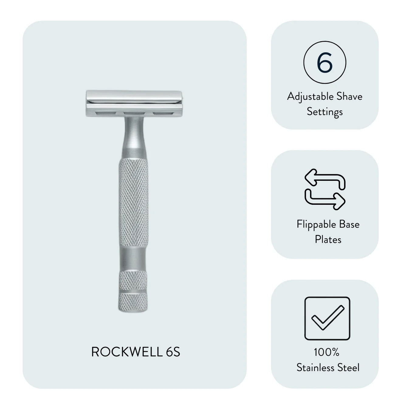 Rockwell 6S adjustable safety razor in matte stainless steel featuring knurled handle and precision-engineered head with visible adjustment capabilities, displayed with callouts showing 6 adjustable shave settings, flippable base plates, and 100% stainless steel construction
