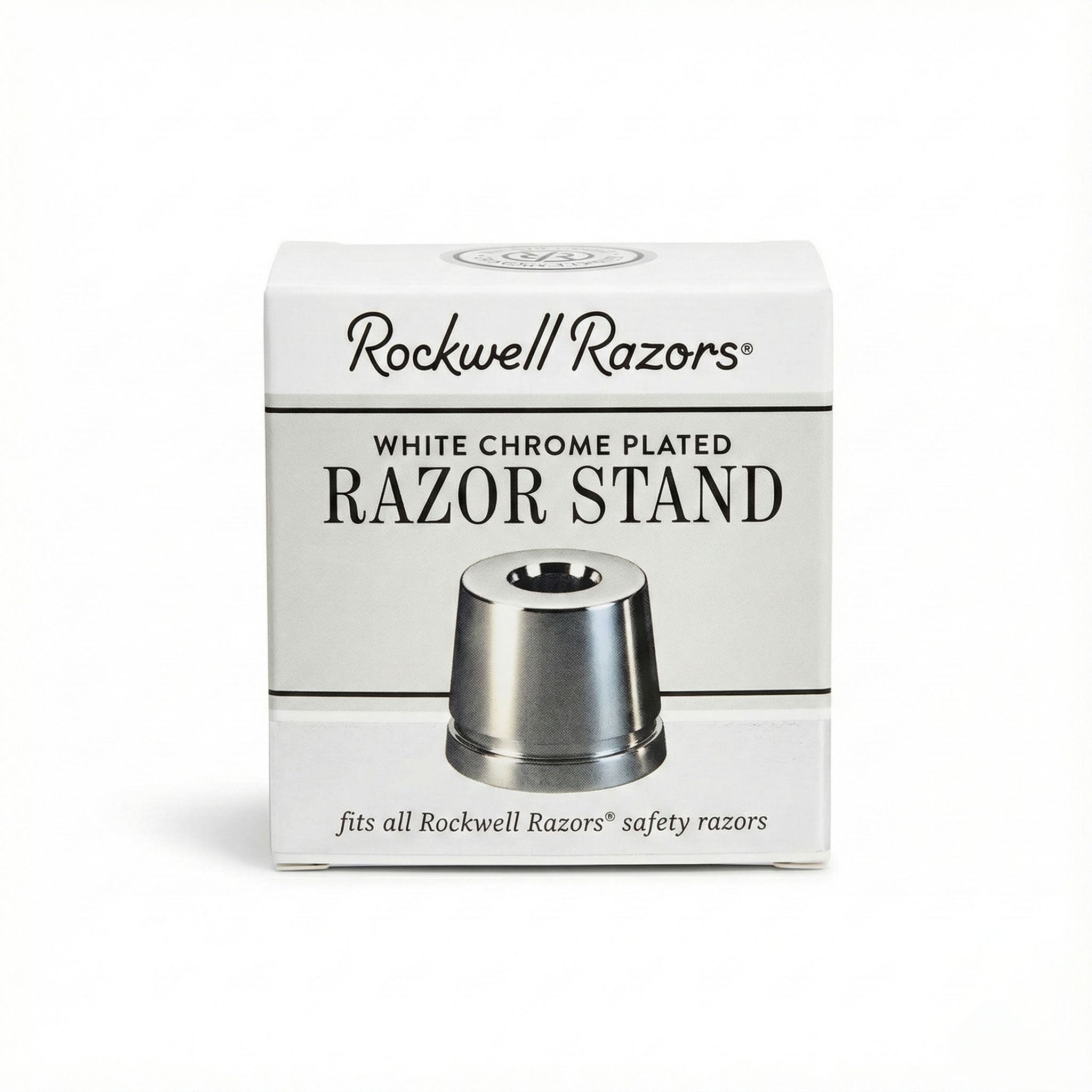 Rockwell Razors white chrome-plated razor stand retail packaging box showing product compatibility and premium presentation for gift-giving.