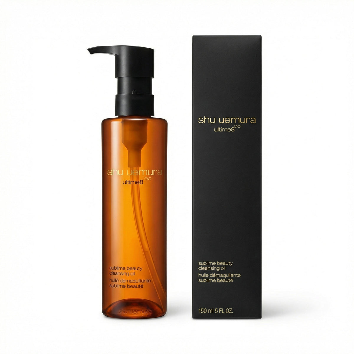 Shu Uemura cleansing oil bottle and packaging on a white background