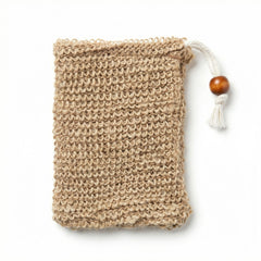 Natural hemp soap saver bag with open-weave mesh construction and wooden bead drawstring closure