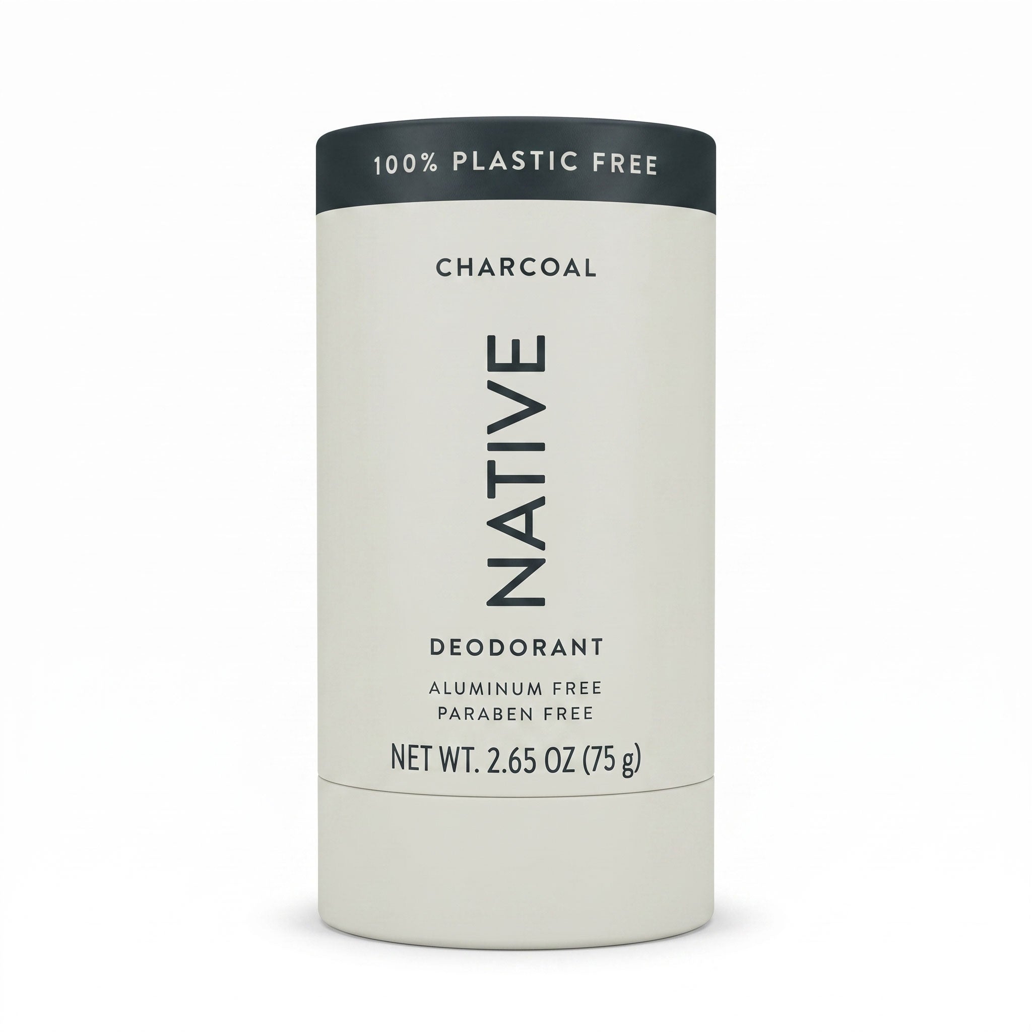 Native Charcoal plastic-free deodorant stick in a beige paperboard tube with black cap, front label showing 2.65 oz net weight, aluminum-free and paraben-free.
