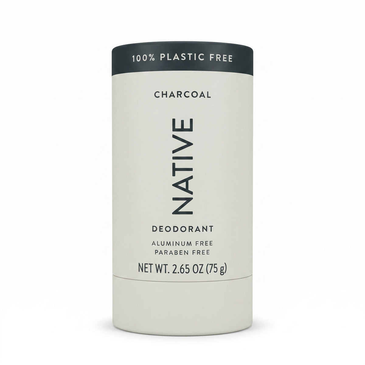 Native Charcoal plastic-free deodorant stick in a beige paperboard tube with black cap, front label showing 2.65 oz net weight, aluminum-free and paraben-free.