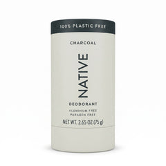 Native Charcoal plastic-free deodorant stick in a beige paperboard tube with black cap, front label showing 2.65 oz net weight, aluminum-free and paraben-free.