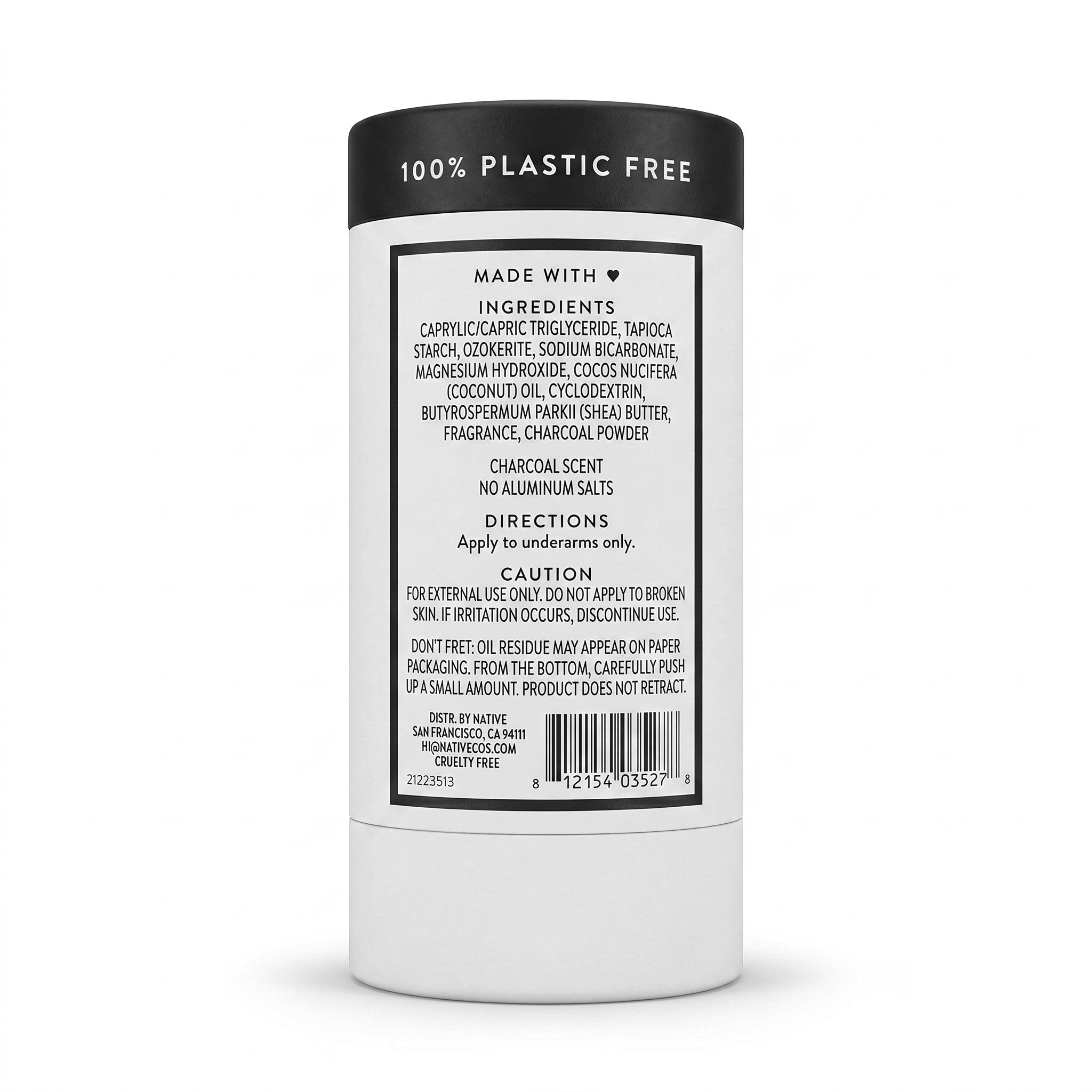 Back label of Native Charcoal plastic-free deodorant listing ingredients, directions to apply to underarms only, and a note that the paperboard tube does not retract.