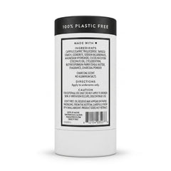 Back label of Native Charcoal plastic-free deodorant listing ingredients, directions to apply to underarms only, and a note that the paperboard tube does not retract.