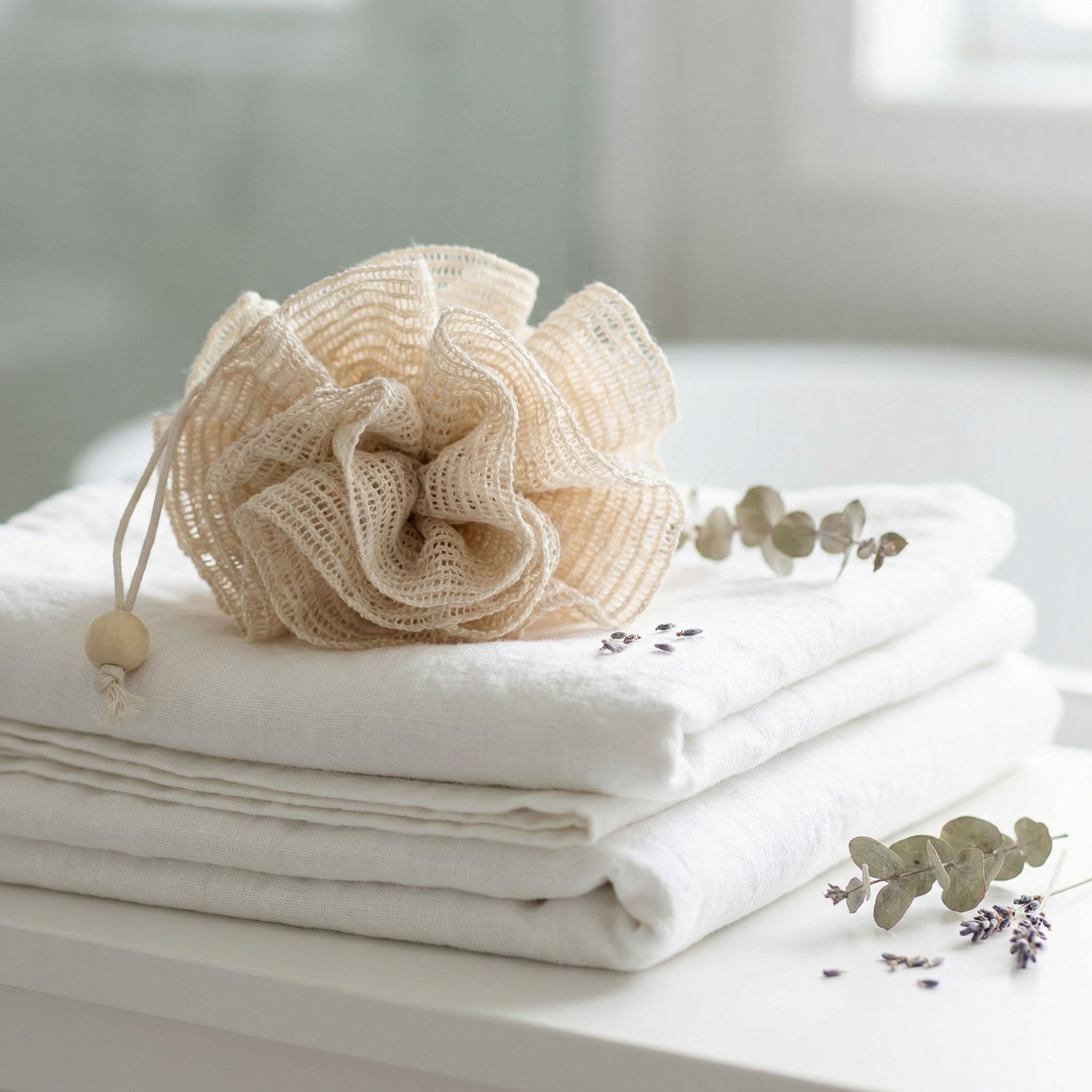 Ramie bath pouf displayed on white towels with eucalyptus and lavender sprigs in spa setting