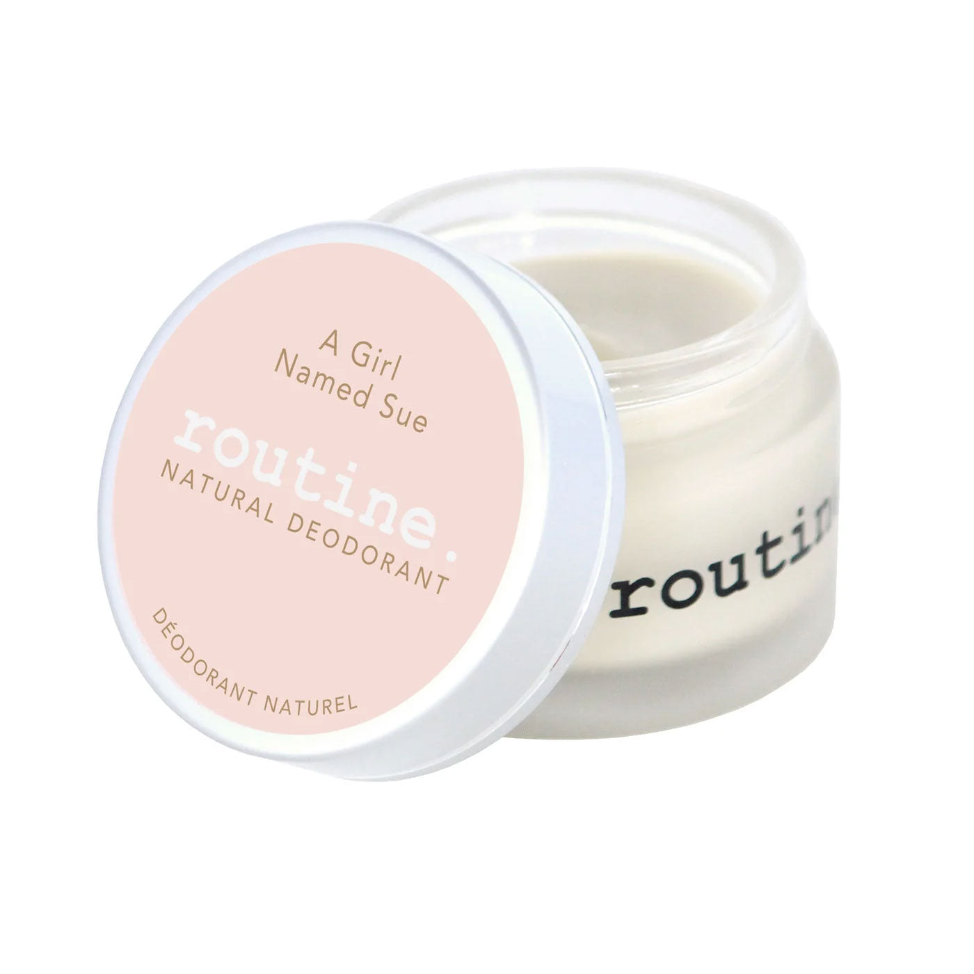 A Girl Named Sue deodorant jar opened showing creamy white natural formula texture - aluminum-free raspberry sage scented deodorant by Routine