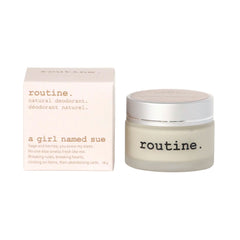Routine A Girl Named Sue deodorant packaging - pink box and glass jar with 58g natural deodorant cream featuring botanical raspberry sage scent