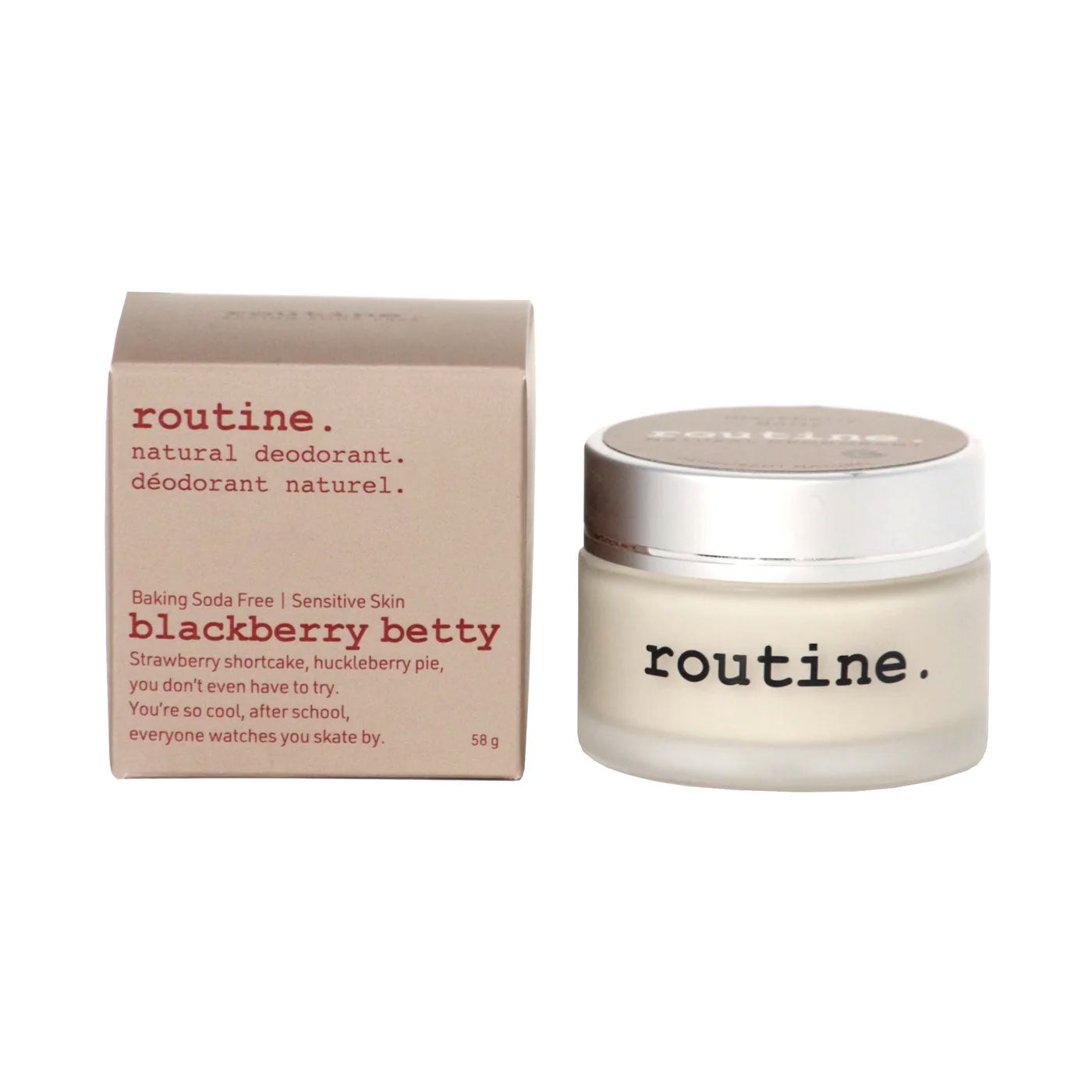 routine Blackberry Betty baking sode free deodorant complete packaging set - glass jar with brown label next to cardboard box displaying product benefits - 58g natural deodorant showing berry shortcake scent inspiration