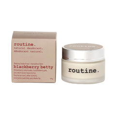 routine Blackberry Betty baking sode free deodorant complete packaging set - glass jar with brown label next to cardboard box displaying product benefits - 58g natural deodorant showing berry shortcake scent inspiration