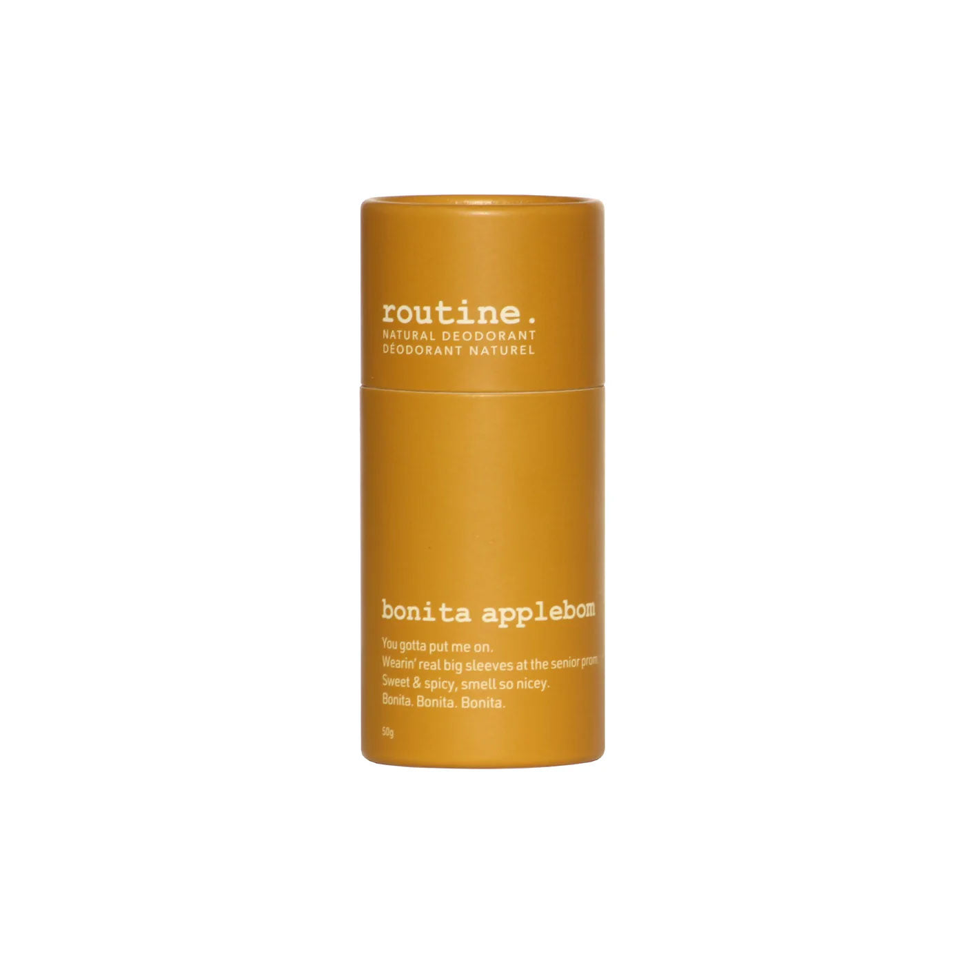 Routine Bonita Applebom deodorant in a paper tube with white “bonita applebom” branding, standing on a beige surface against a white backdrop.
